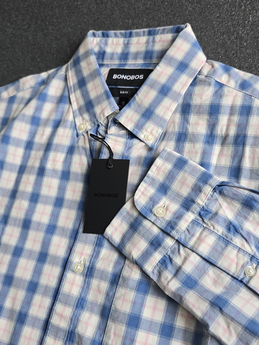 BONOBOS MEN'S SLIM FIT SHIRT SIZE SMALL ROONEY PLAID BLUE WHITE PINK BUTTON DOWN